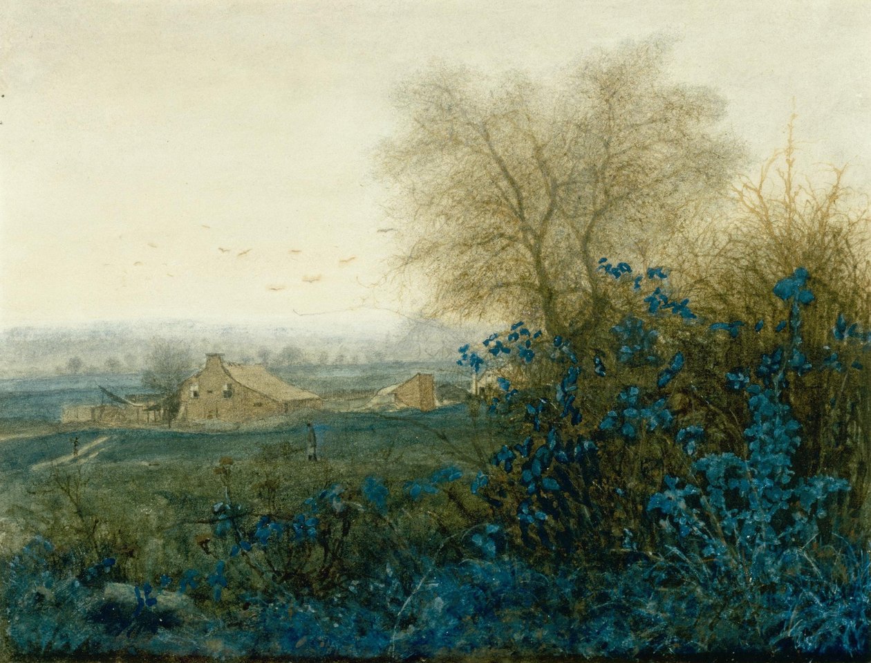 Landskap med et våningshus og en bonde som kjører en trille av Léon Bonvin