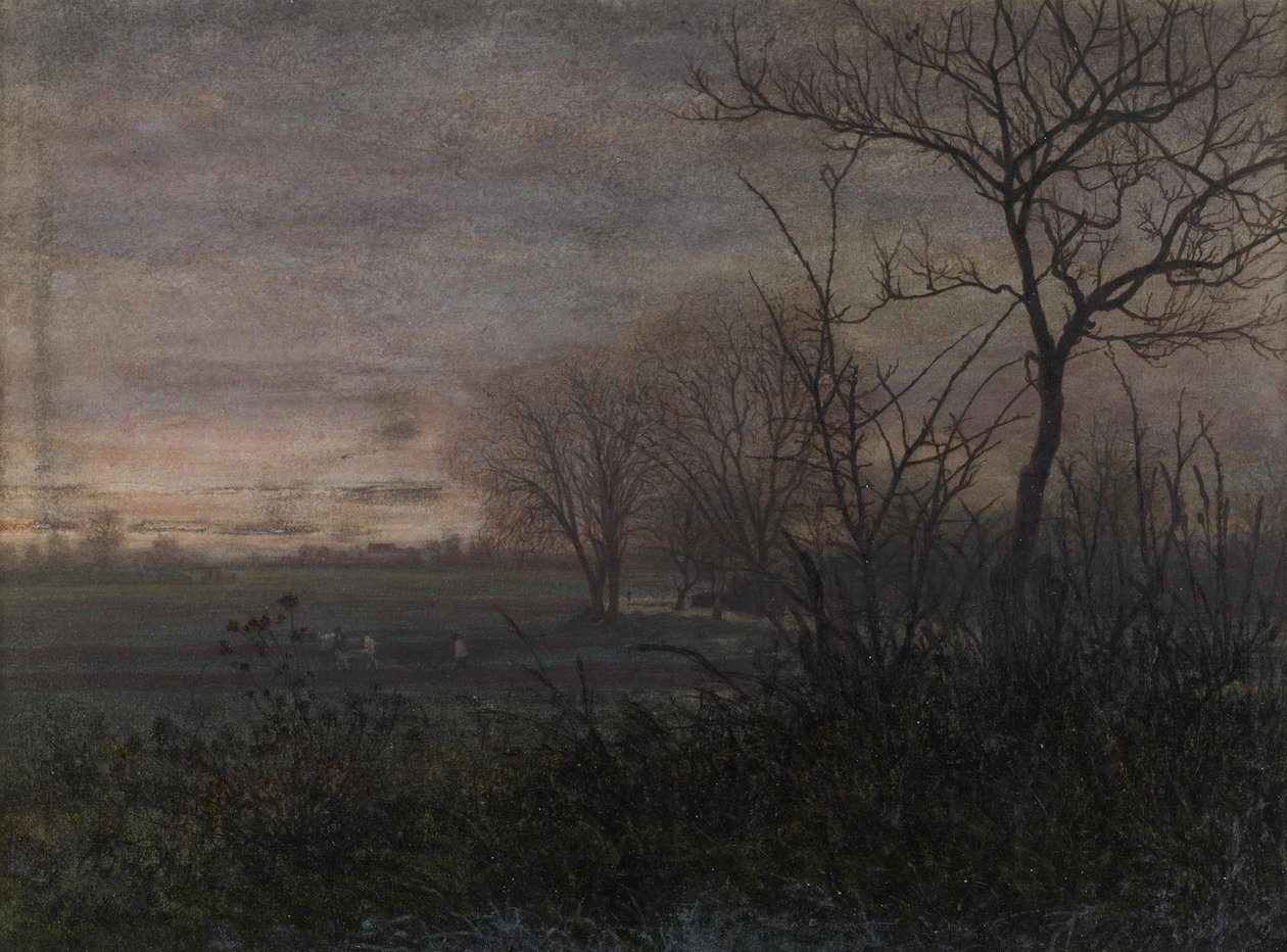 Pløying i skumringen, 1865 (wc og penn og blekk på papir) av Léon Bonvin