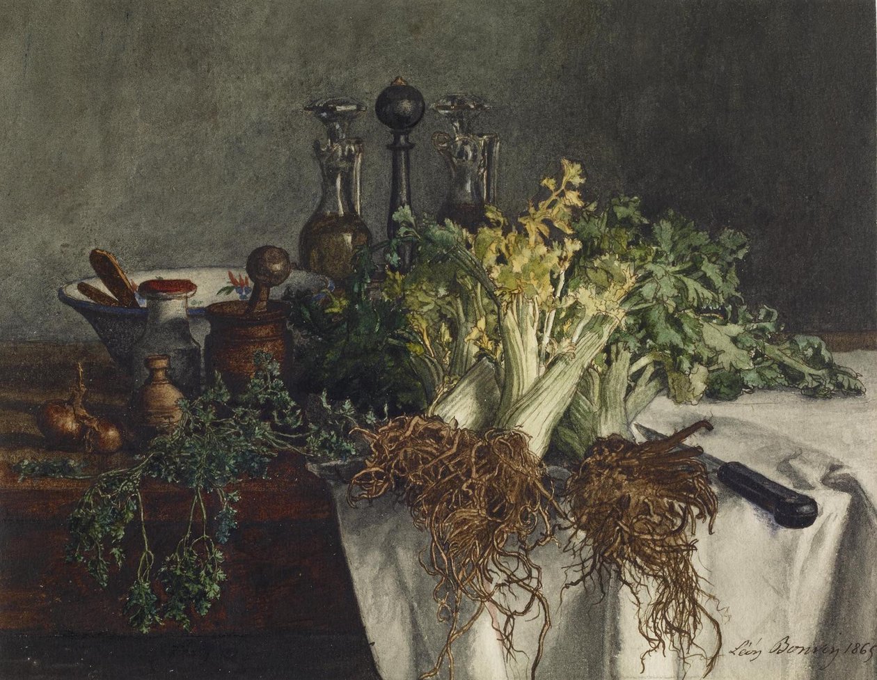 Stilleben på kjøkkenbordet med selleri, persille, bolle og kruetter, 1865 (wc og penn og blekk på papir) av Léon Bonvin