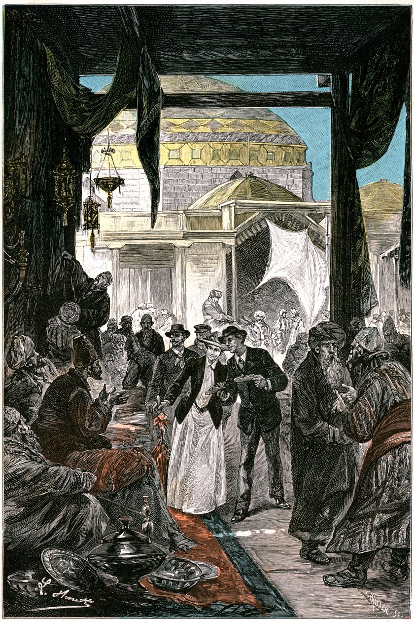 Samarkandes basar (nå Samarkand eller Samarqand i Usbekistan), illustrasjon av romanen av Jules Verne quot;Claudius Bombarnacquot;quot; utgave Hetzel 1892 - Tegning av Leon Benett (Hippolyte Leon Benet av Léon Benett
