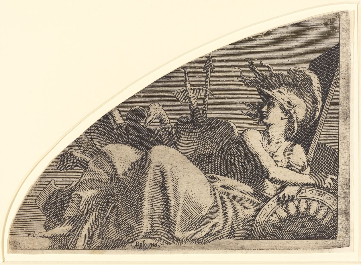 Bellona sitter på trofeene sine av Léon Davent after Francesco Primaticcio