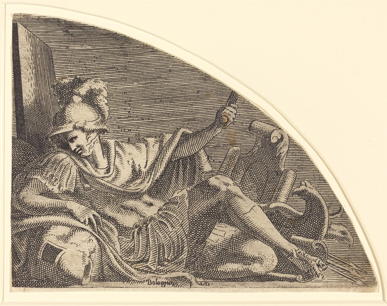 Mars sitter på trofeer av Léon Davent after Francesco Primaticcio