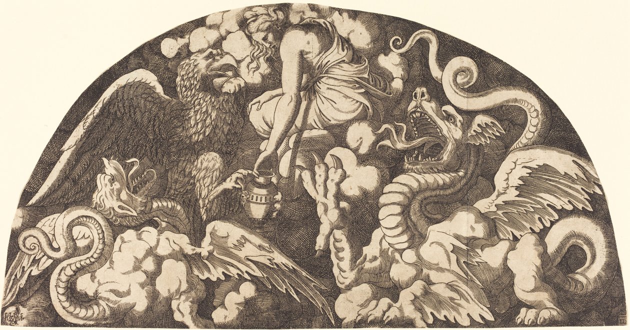Jupiter bringer Styx-vannet til psyken av Léon Davent after Giulio Romano