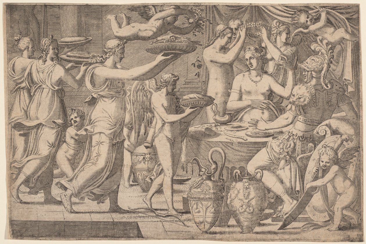 Venus og Mars servert av Amor og de tre nåde av Léon Davent, after Luca Penni