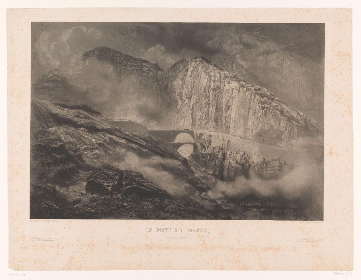 Utsikt over Djevelens bro i Gotthardpasset Le Pont du Diable, passage du St. Gothard (tittel på objekt) av Léon Jean Baptiste Sabatier