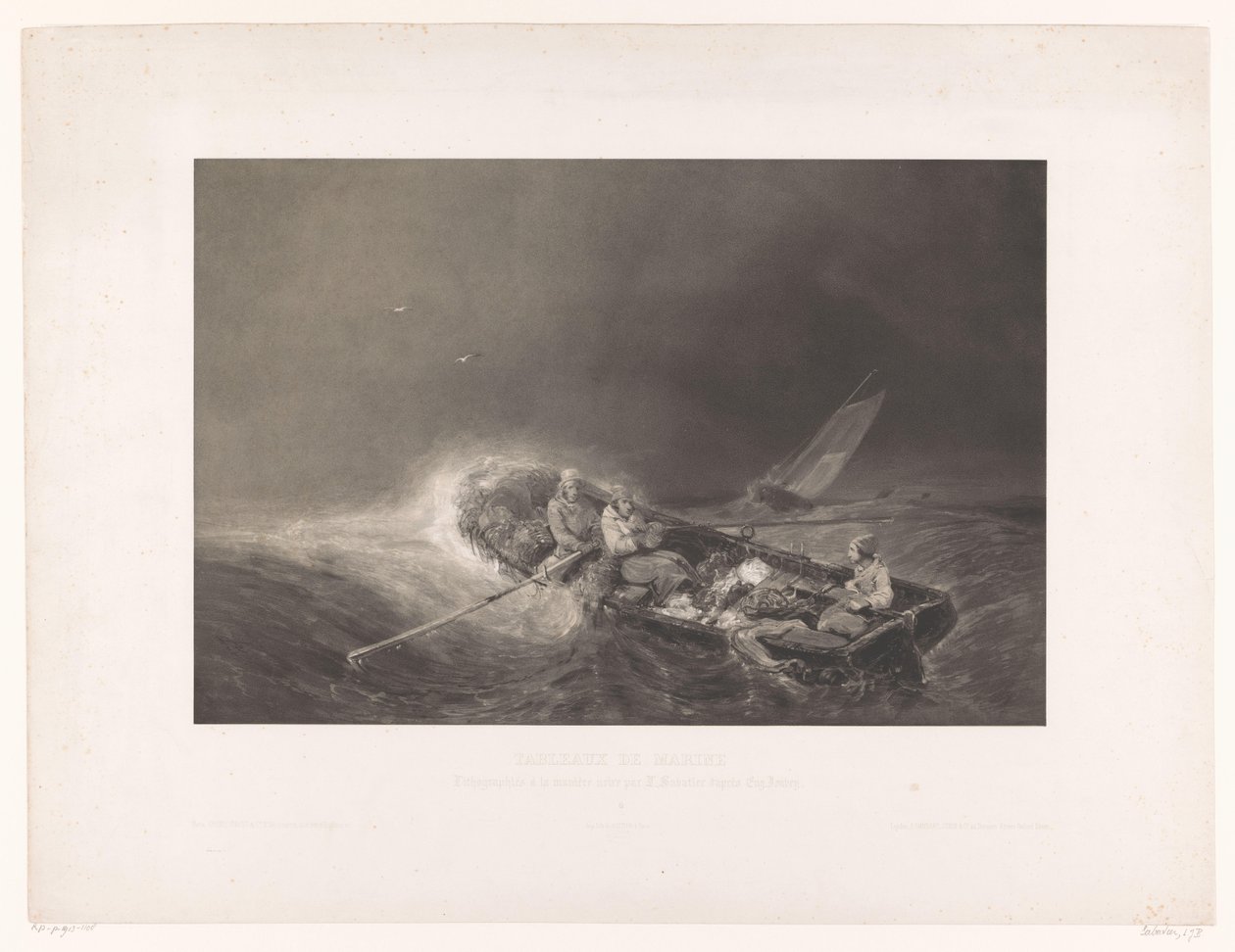 Vissers in een roeiboot op zee Marine gezichten (serietittel) Marine malerier. Litografiert i mezzotint av L. Sabatier etter Eug. Isabey (serietittel på objekt) av Léon Jean Baptiste Sabatier