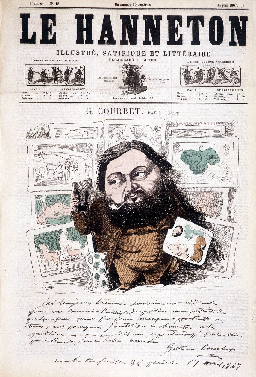 Portrett av Gustave Courbet, fransk maler (1819-1877). I Le hanneton av Léonce Justin Alexandre Petit