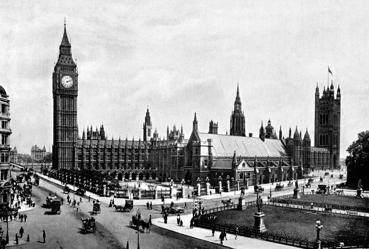 Houses of Parliament og Westminster Hall sett fra Parliament Square, London, c1905. av London Stereoscopic and Photographic Co