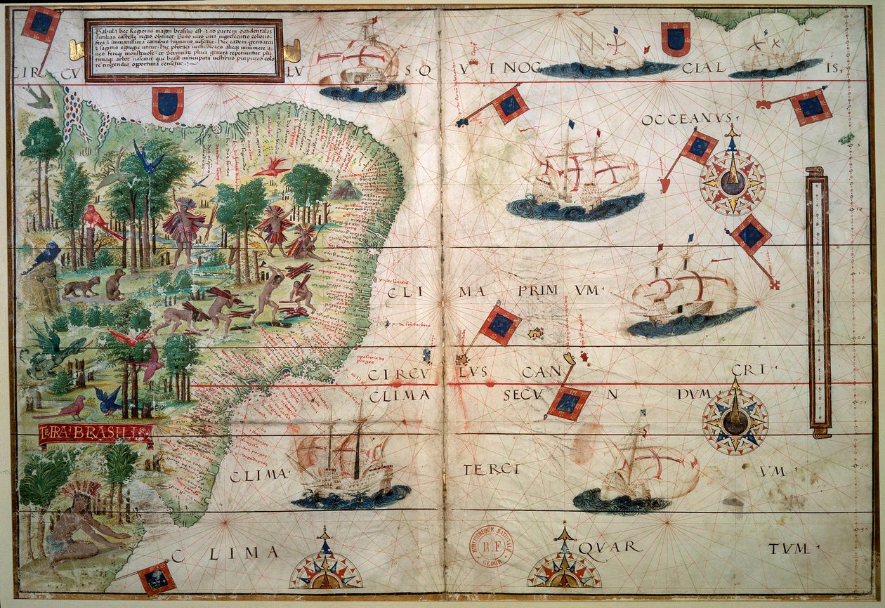 Hydrografisk kart over Brasil - Manuskript belyst "" Portuguese Nautical Atlas"" av kartograf Loppo Homem 1519 Paris. BN - Hydrografisk kart over Brasil - Fra det opplyste manuskriptet "" English nautical Atlas"" av  av Lopo Homem