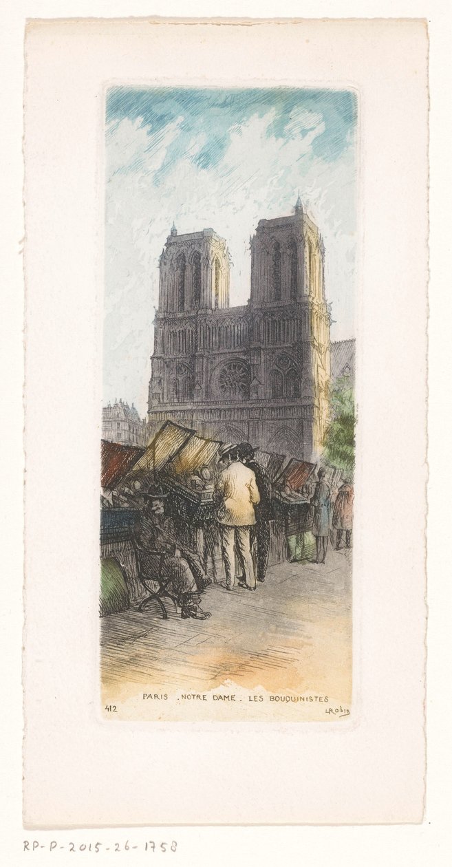 Utsikt over Notre-Dame i Paris med bokhandlere i forgrunnen Paris Notre Dame les bouquinistes (tittel på objekt) av Léopold Robin
