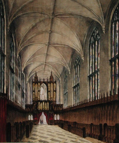 Interiør i New College-kapellet etter senere endringer fra 1700-tallet, ca. 1870 (akvarell på papir) av Loraine Salome Estridge