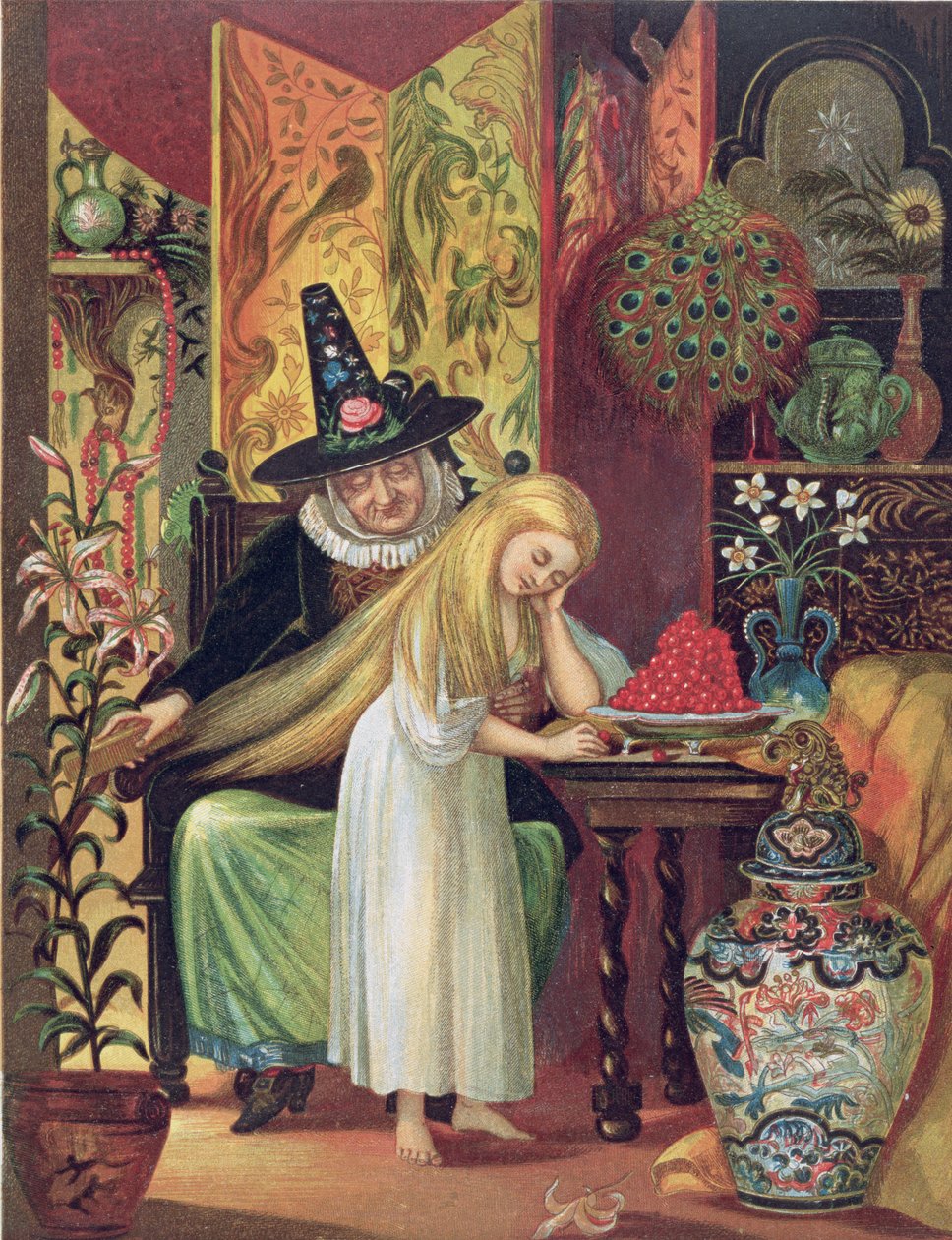 Den gamle heksa som kjemmer Gerdas hår med en gullkam for å få henne til å glemme vennen sin, i 'Snødronningen', fra HC Andersens eventyr, 1872 av Lorens Frolich
