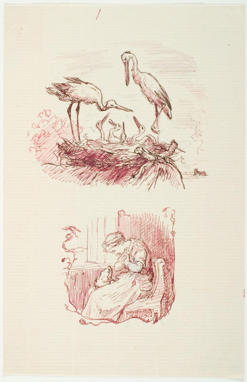 F.o.: Stork. F.n.: Sittende kvinne med en frosk på fanget av Lorenz Frølich