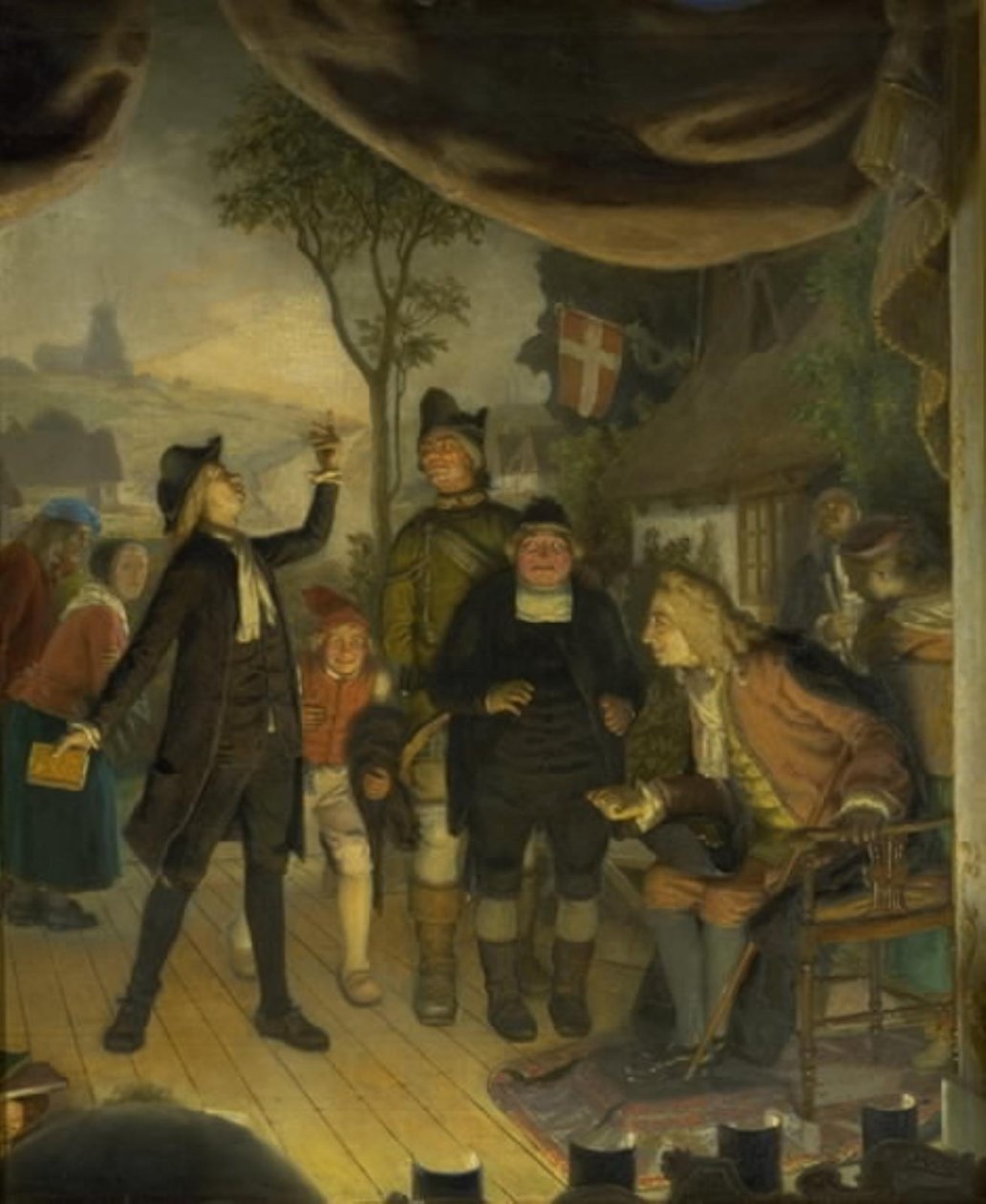 Ludvig Holberg deltar på en repetisjon av hans skuespill Erasmus Montanus, akt IV, scene 2 av Lorenz Frølich
