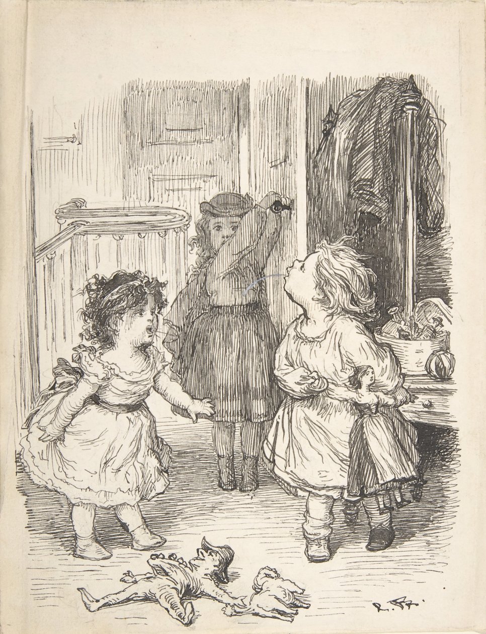 Tre små jenter i et rom som krangler og spytter, 1835-1903. av Lorenz Frølich