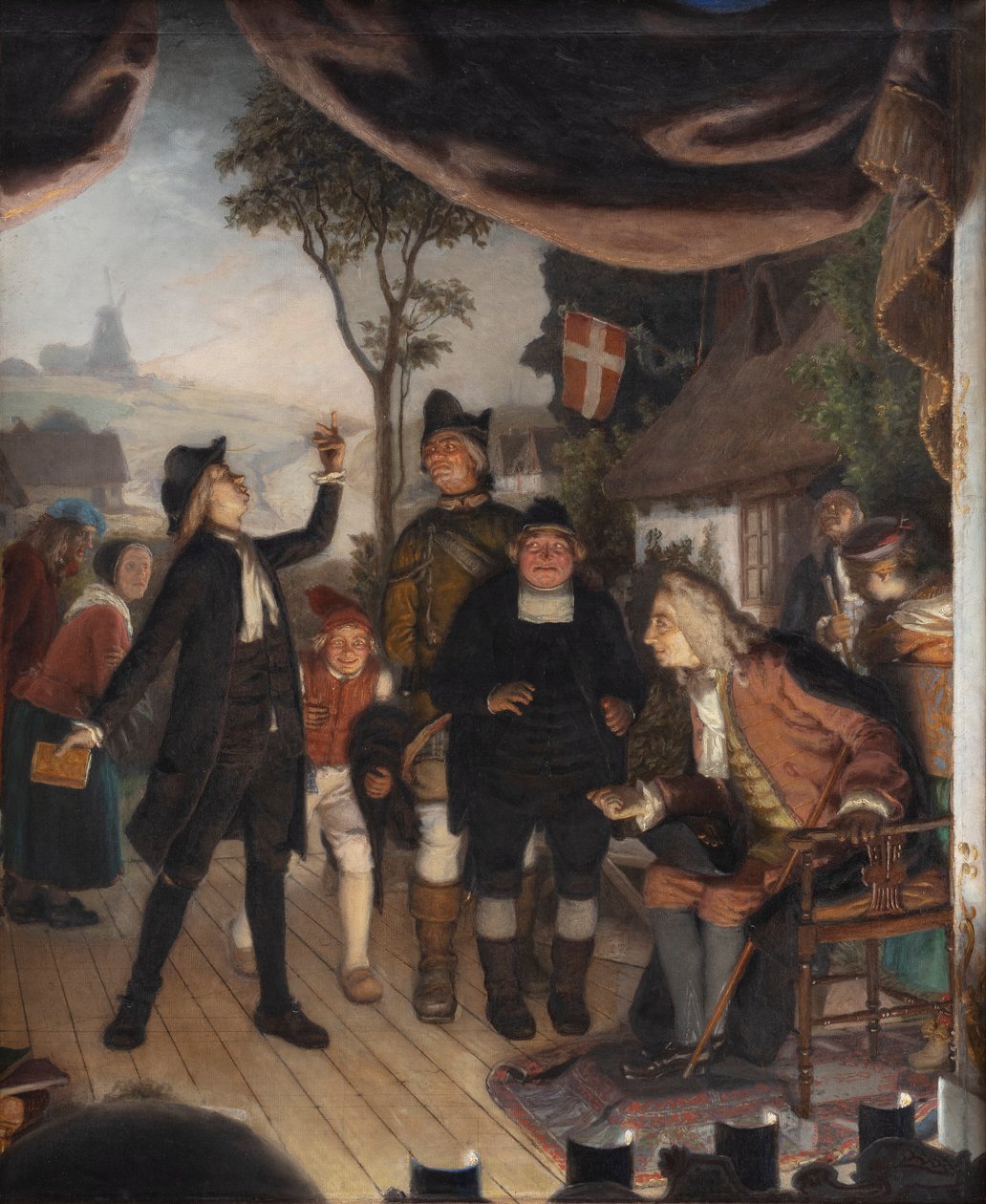 Ludvig Holberg deltar på en repetisjon av hans skuespill Erasmus Montanus, akt IV, scene 2 av Lorenz Frølich