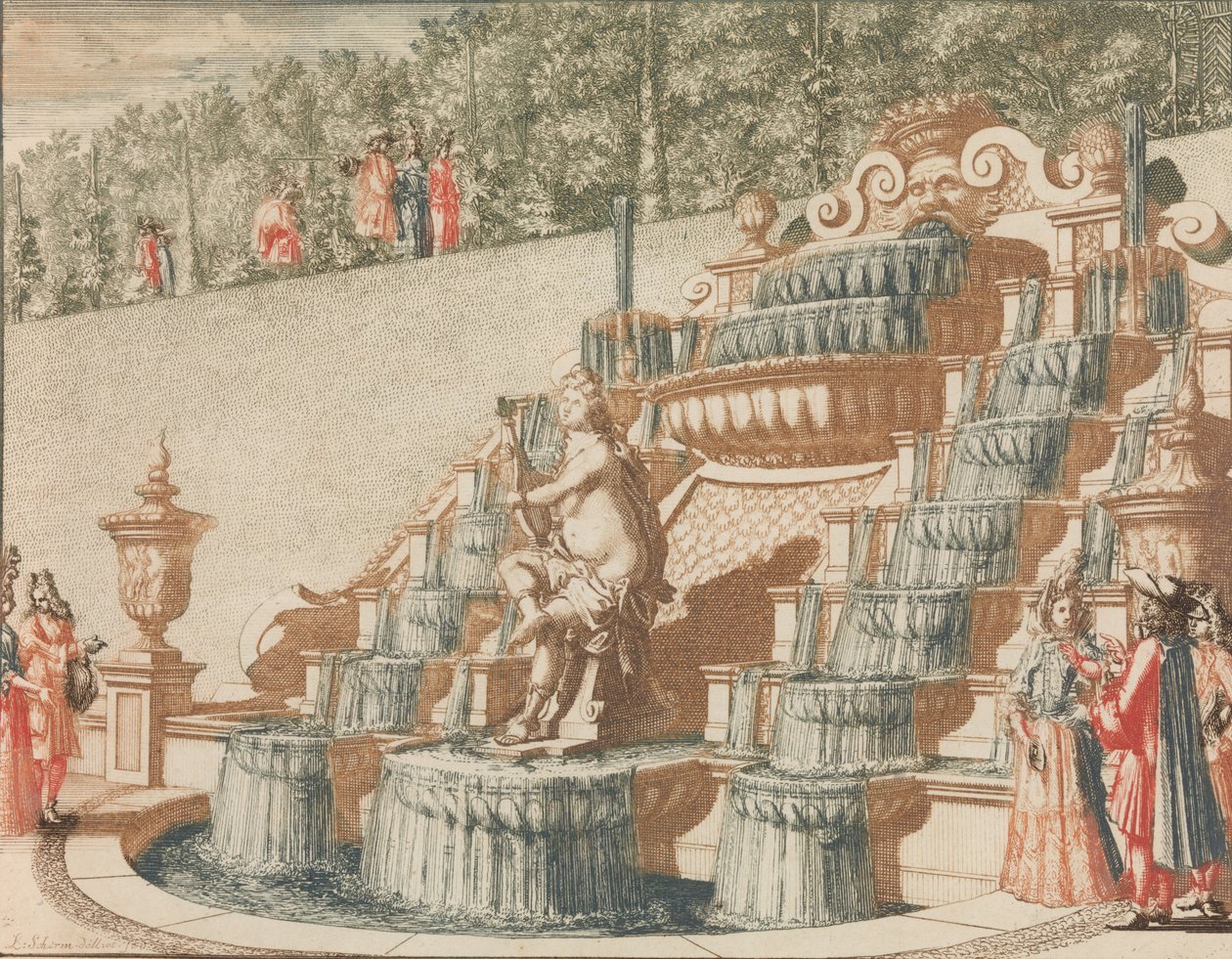 The Cascade of Galathea, på vestsiden av Groote Tuin', i: Tooneel Der Voornaamste..., nd. av Lorenz Scherm