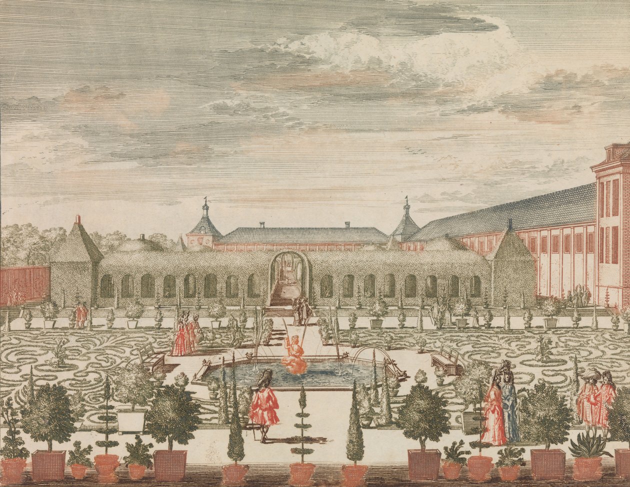 Dronningens hage med det grønne kabinettet, og oransjeriet, sett bakfra, i: Til..., n.d.. av Lorenz Scherm