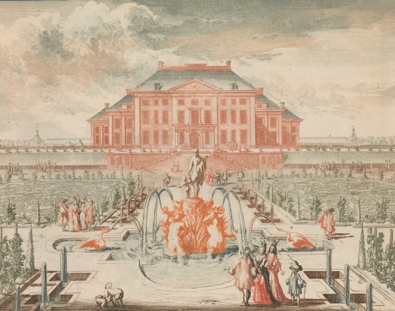 Konings Huis van de Tuin-zyde, med Venusfontenen, i: Tooneel Der Voornaamste N..., n.d.. av Lorenz Scherm