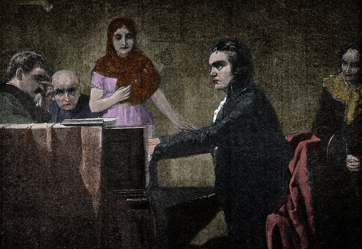 Ludwig van Beethoven spiller Moonlight-sonaten - gravering etter Lorenz Vogel - Ludwig van Beethoven (1770-1827), tysk musiker, spiller sonaten i UT-moll (Moonlight - Moonlight) etter maleriet av Lorenz Vogel (1846-1902) av Lorenz Vogel