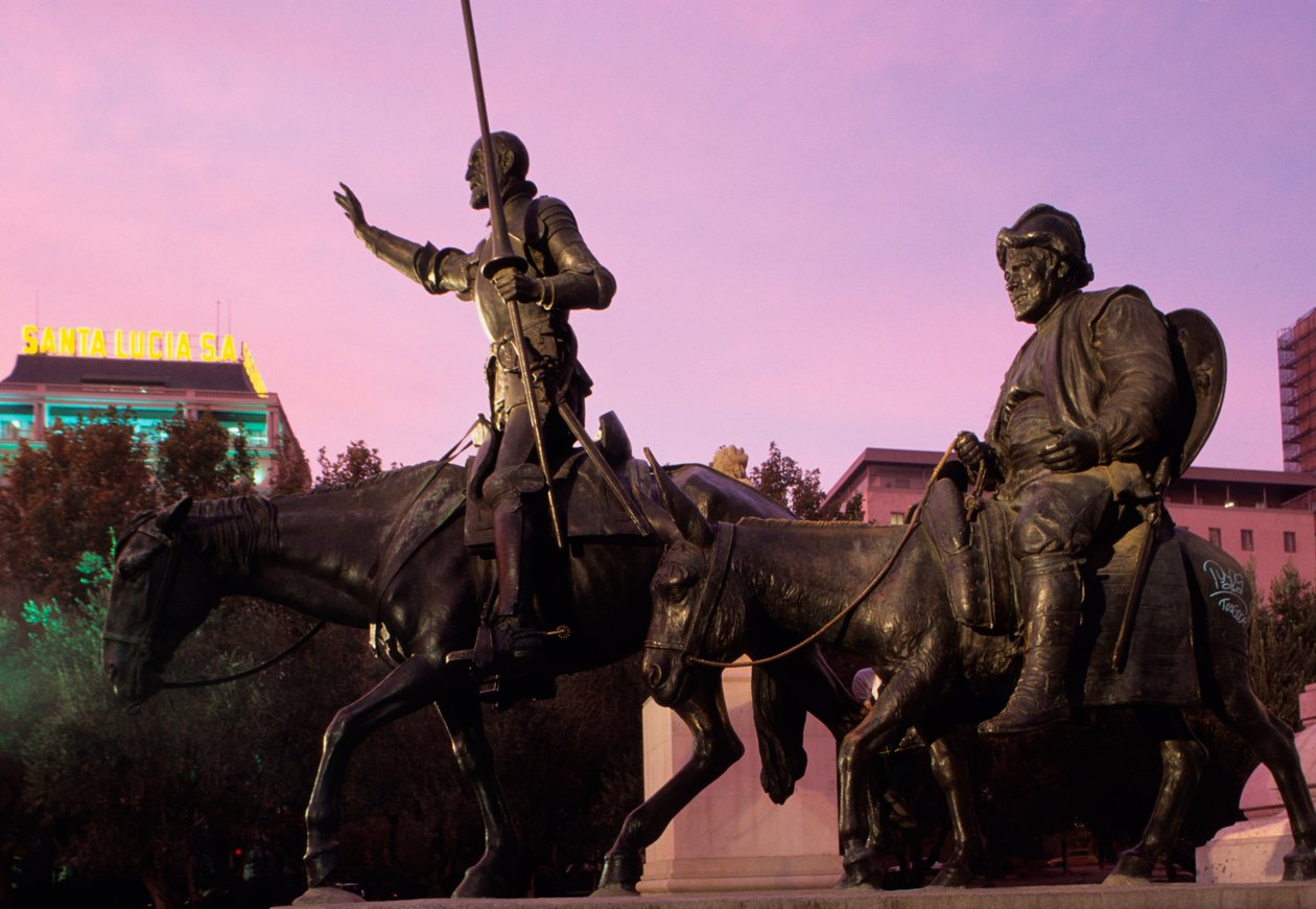 Don Quixote og Sancho Panza, fra monumentet til Miguel Cervantes, 1928-30 (bronse) av Lorenzo Coullaut Valera