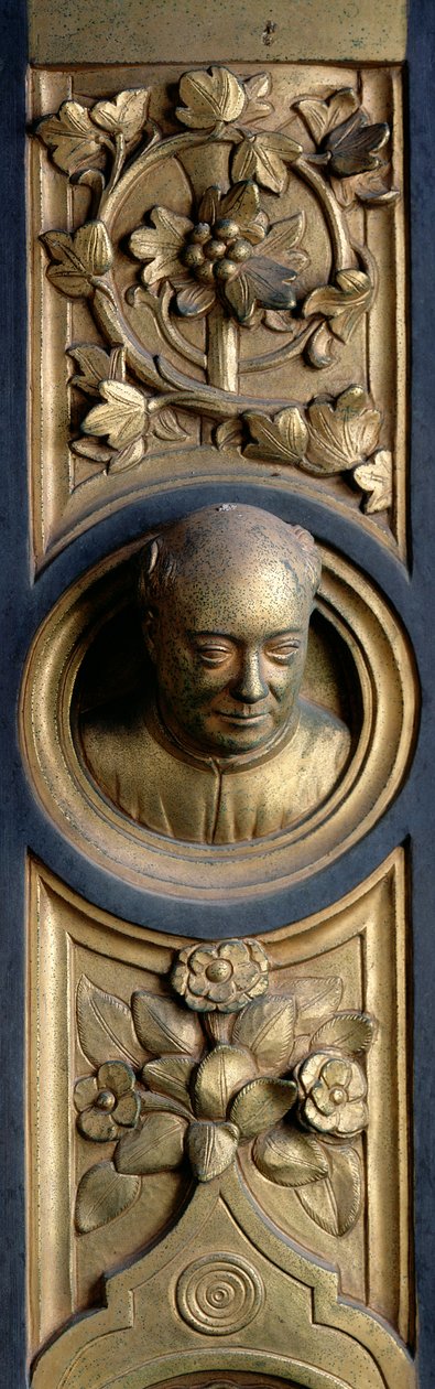Selvportrett på en rundell fra rammen til Gates of Paradise (Østdører) 1425-52 (forgylt bronse) (se også 87652-61 og 87663-67) av Lorenzo Ghiberti