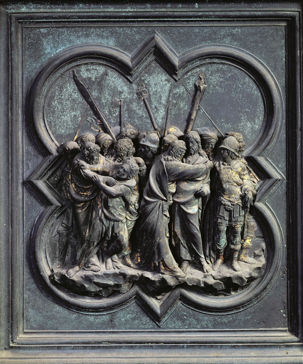 The Capture of Christ, fjortende panel av norddørene til dåpskapellet i San Giovanni, 1403-24 (bronse) av Lorenzo Ghiberti