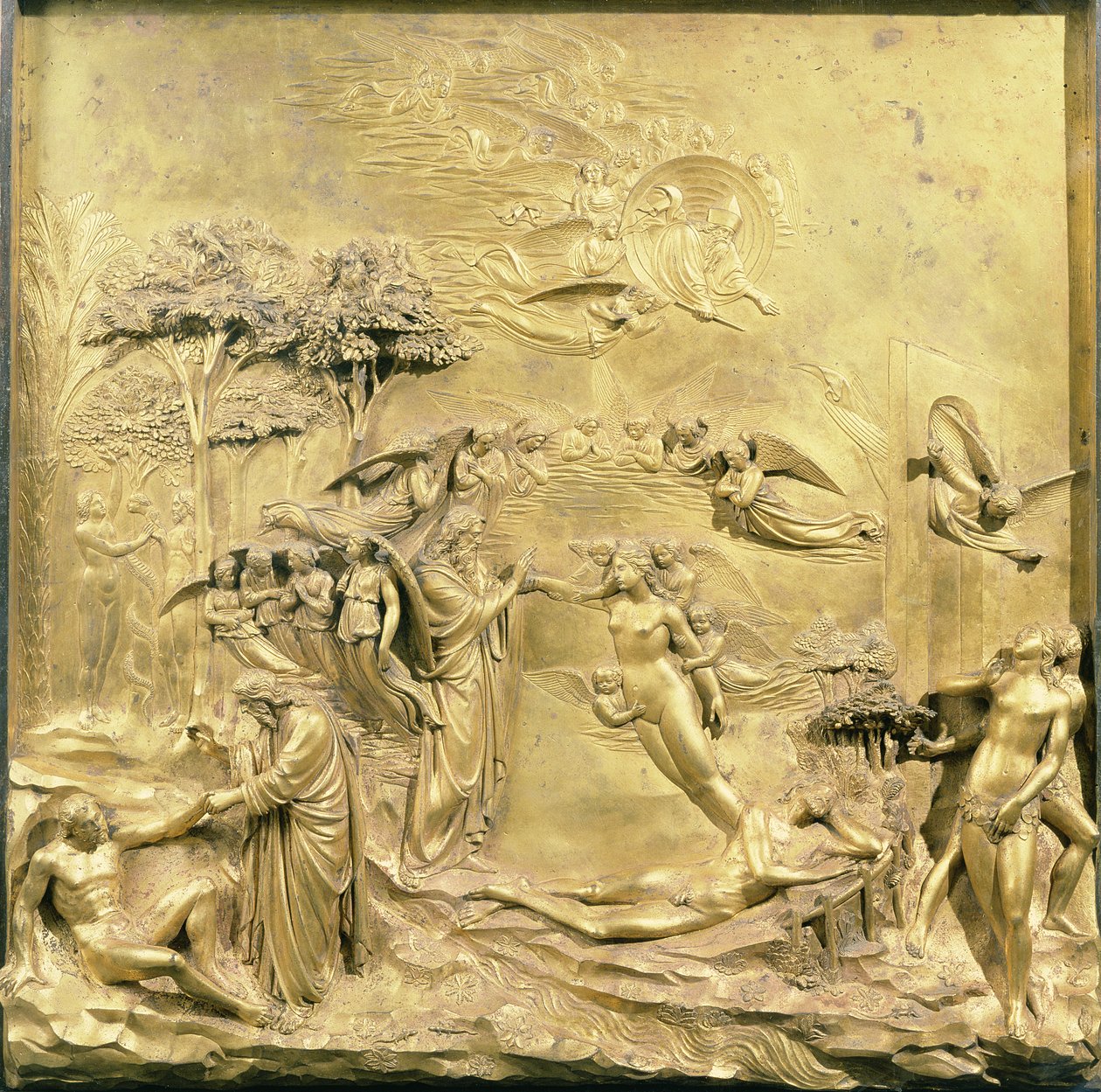 The Story of Adam, et av de originale panelene fra East Doors of the Baptistery, 1425-52 (forgylt bronse) (etter restaurering) av Lorenzo Ghiberti