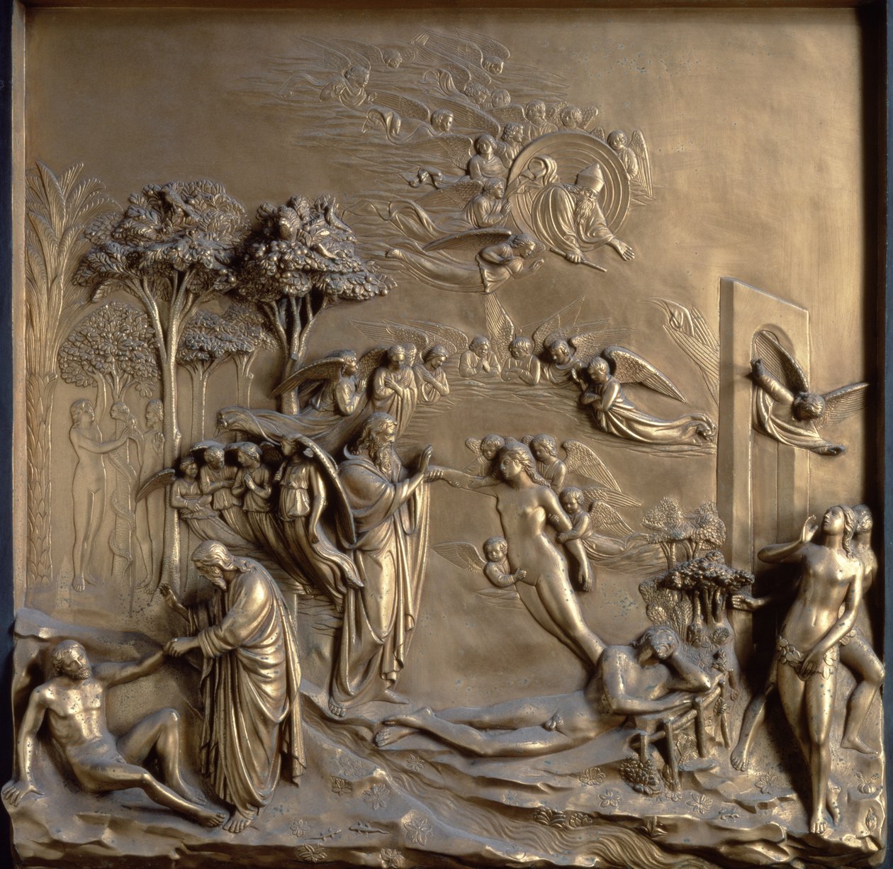 Historien om Adam: skapelsen av Adam og Eva, fristelsen og utdrivelsen fra hagen, ett av ti relieffpaneler fra portene til paradis (østdører) av Lorenzo Ghiberti (1378-1455) 1425 av Lorenzo Ghiberti