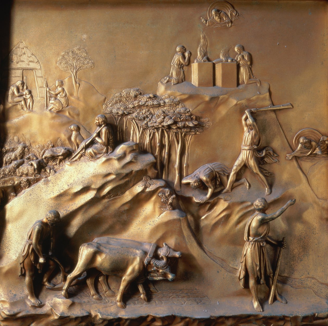 The Story of Cain and Abel: The Sacrifice, The Murder of Abel and God Banishing Cain, en av ti relieffpaneler fra Gates of Paradise (østdører), 1425-52 (forgylt bronse) (se også 87652 og 87654-67 av Lorenzo Ghiberti