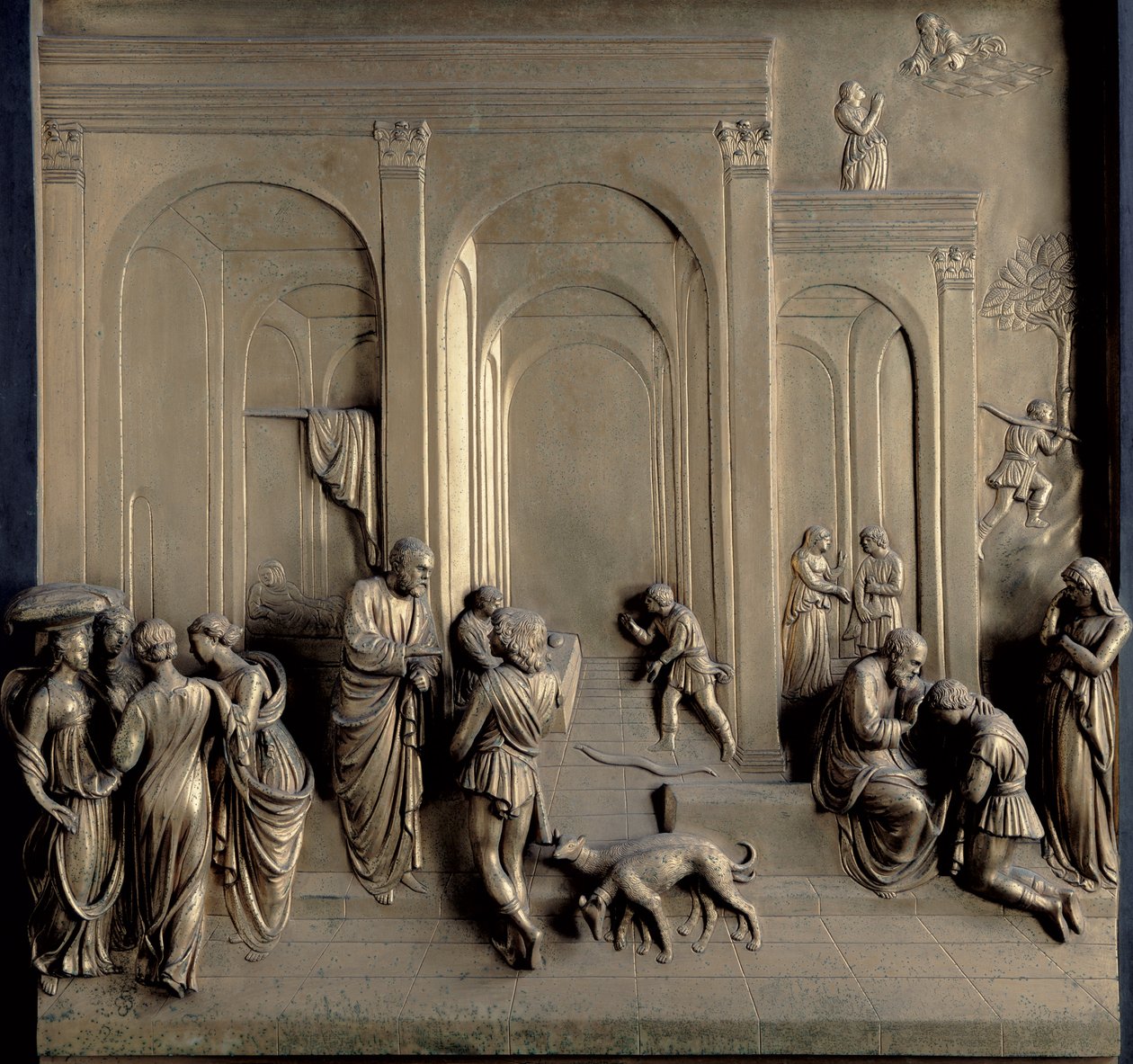 Historien om Jakob og Esau: Guds profeti til Rebekka, fødselen til Jakob og Jakob og Esau: Esau, Esau selger sin førstefødselsrett og Isak velsigner Jakob, en av ti relieffpaneler fra Gates of Para av Lorenzo Ghiberti