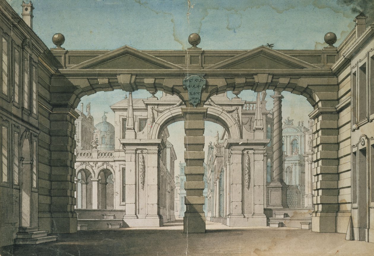 Scenografi for verdenspremieren på "Idomeneo", av Wolfgang Amadeus Mozart i München, 1781 (penn og vask) av Lorenzo I Quaglio