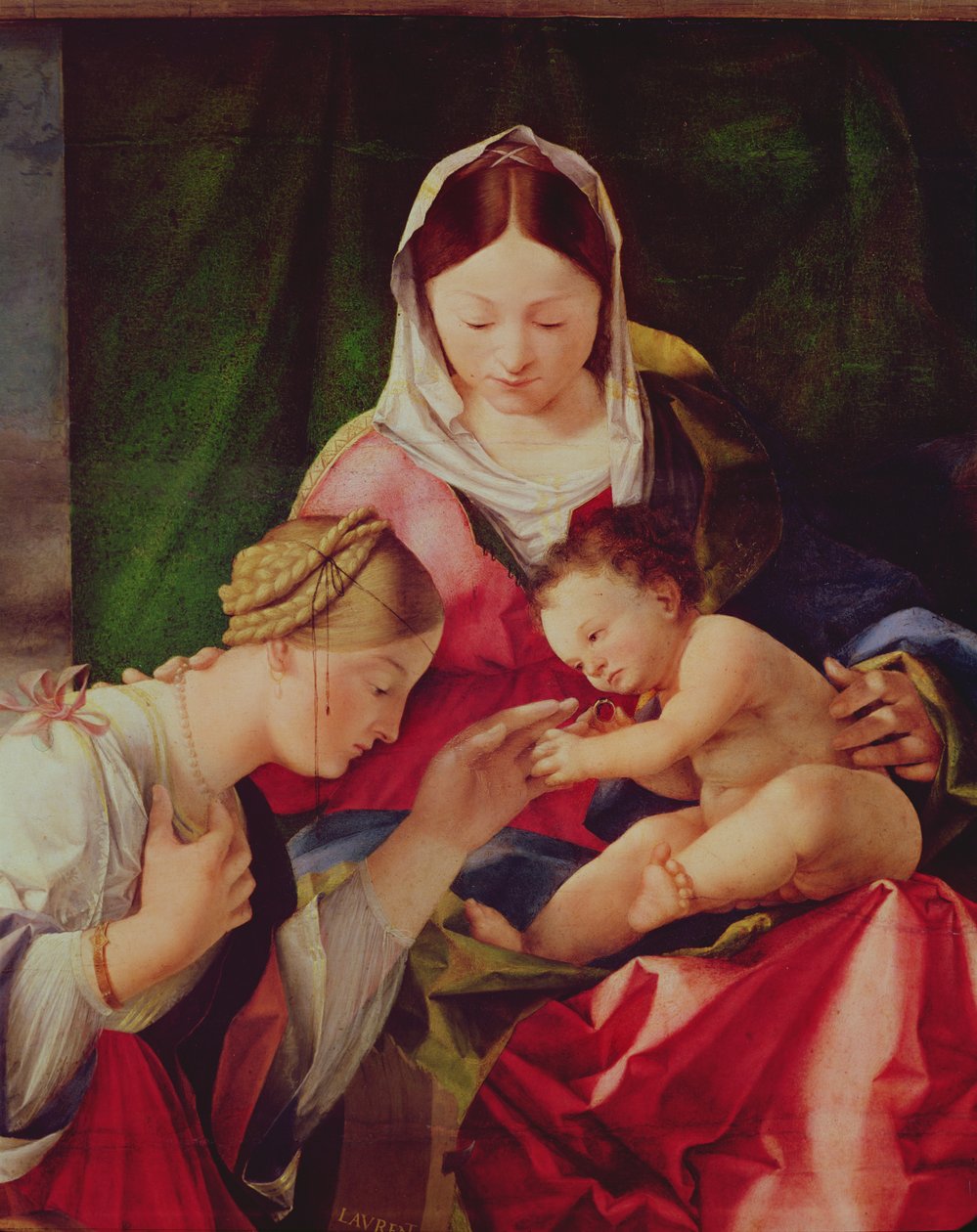 Detalj av The Mystic Marriage of Saint Catherine olje på panel av Lorenzo Lotto