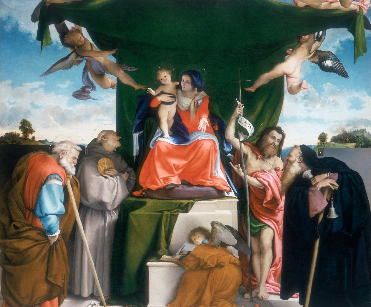 Madonna og Child tronet med engler og helgener av Lorenzo Lotto