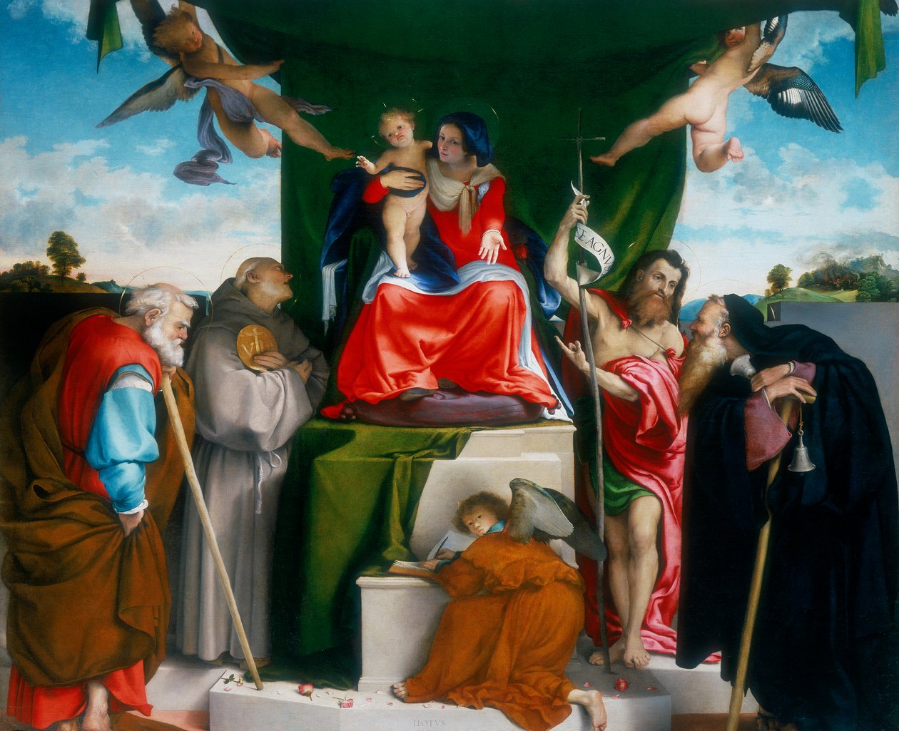 Madonna og barn tronet med engler og helgener, 1521 av Lorenzo Lotto
