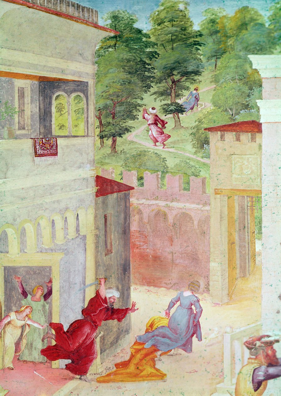 Scener fra St. Barbaras liv, detalj av St. Barbara som ble truet av faren, ca. 1523-24 av Lorenzo Lotto