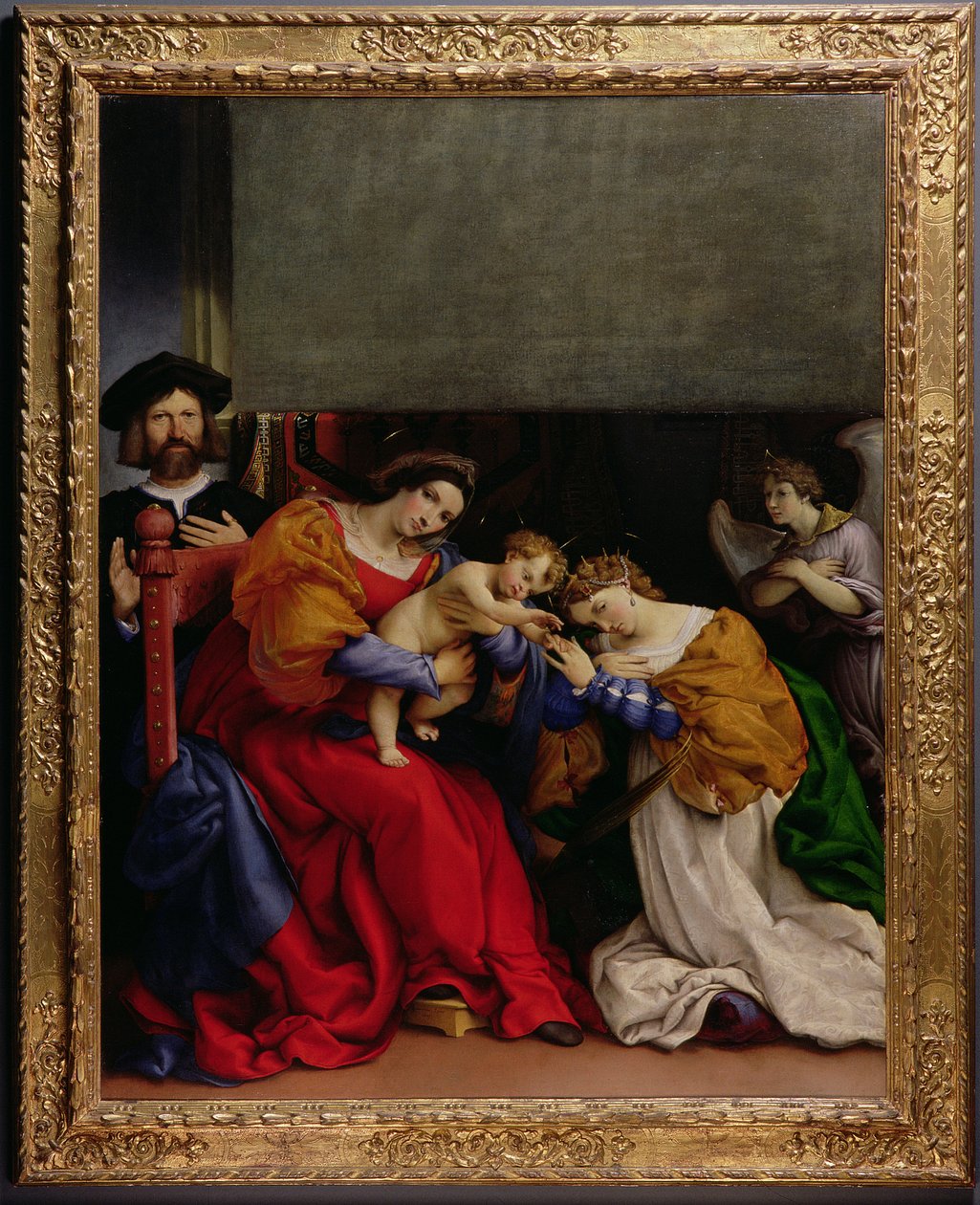 The Mystic Marriage of St. Catherine med skytshelgen Niccolo Bonghi, 1523 av Lorenzo Lotto