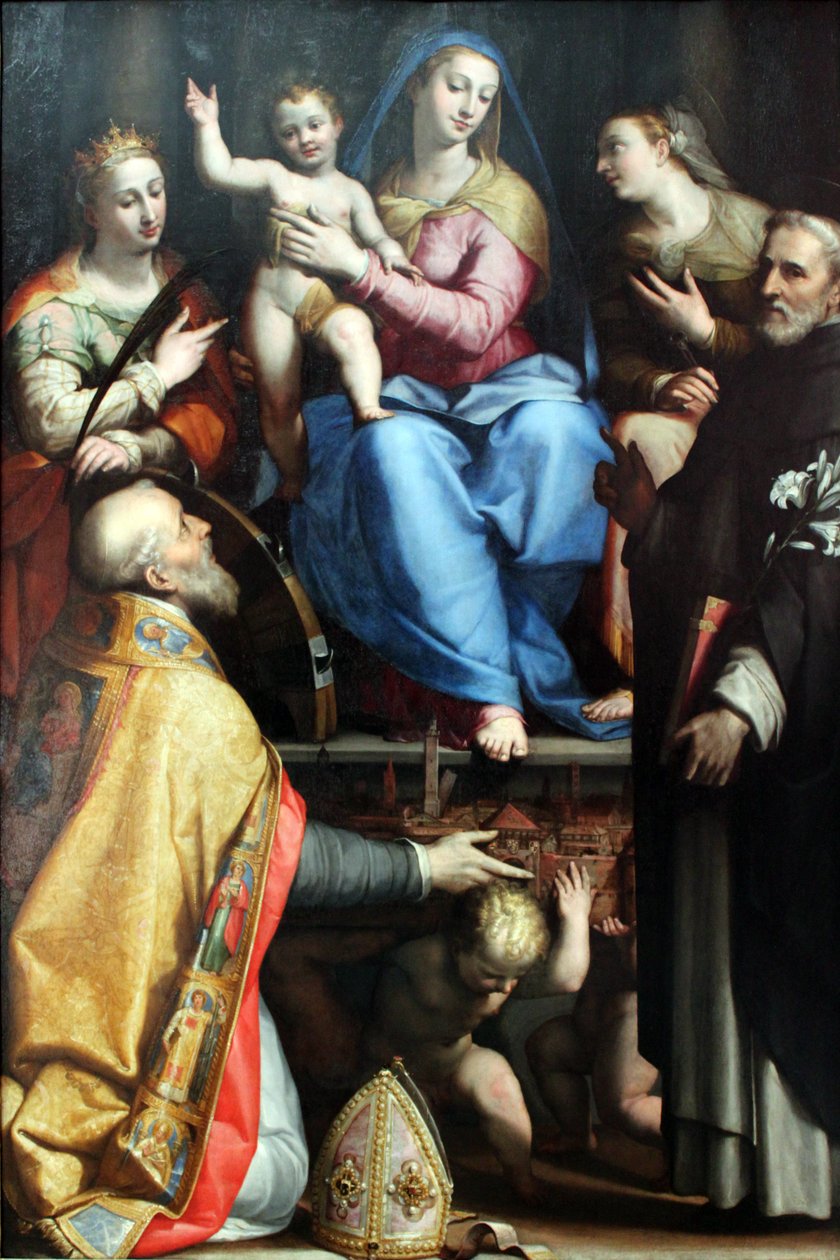 Maria troner med velsignelsesbarnet og de hellige Petronius, Katarina av Alexandria, Dominic og Apollonia av Lorenzo Sabbatini