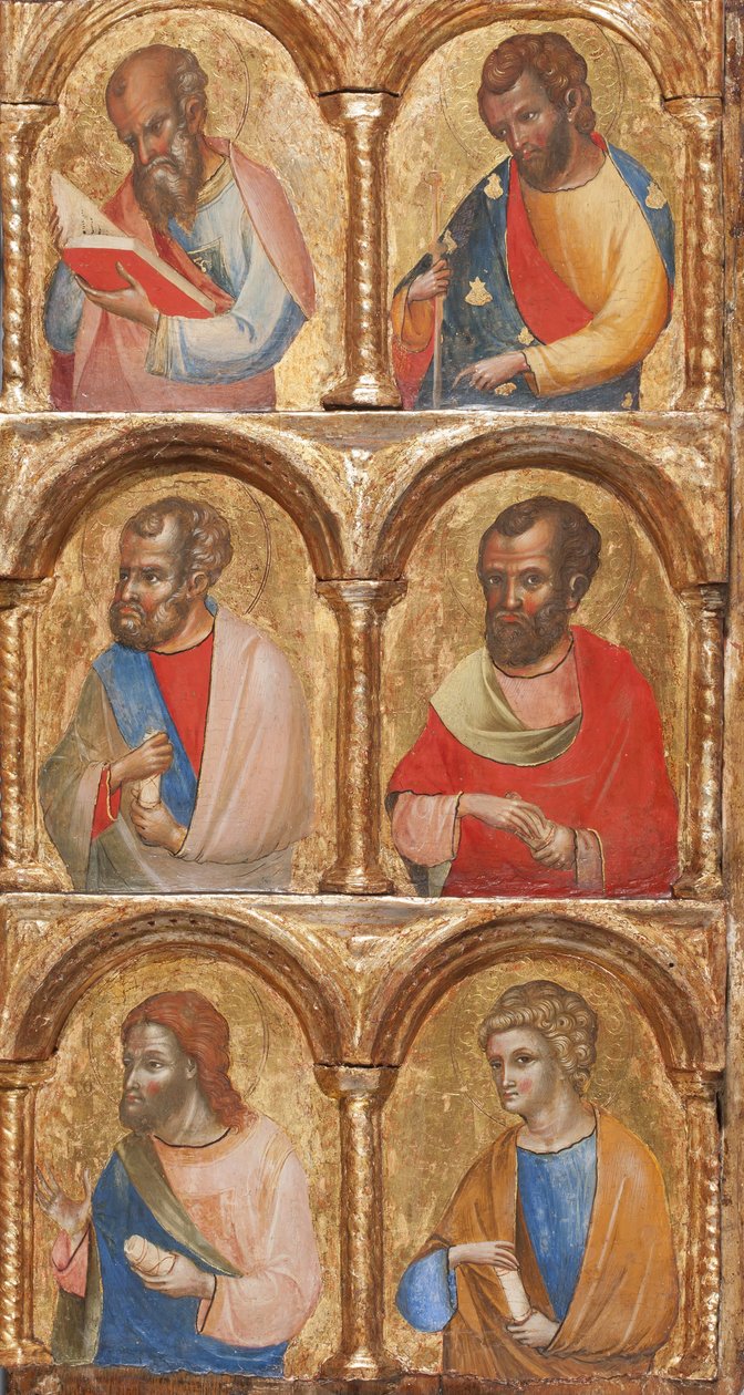 Detalj av Madonna og barn med engler, korsfestelsen og tolv apostler eller hellige, tempera ca. 1360 på panel av Lorenzo Veneziano