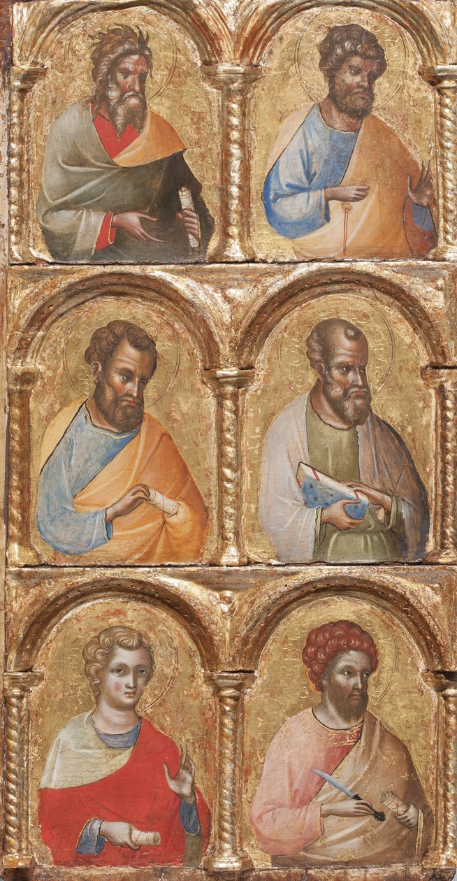 Detalj av Madonna og barn med engler, korsfestelsen og tolv apostler eller hellige, tempera ca. 1360 på panel av Lorenzo Veneziano