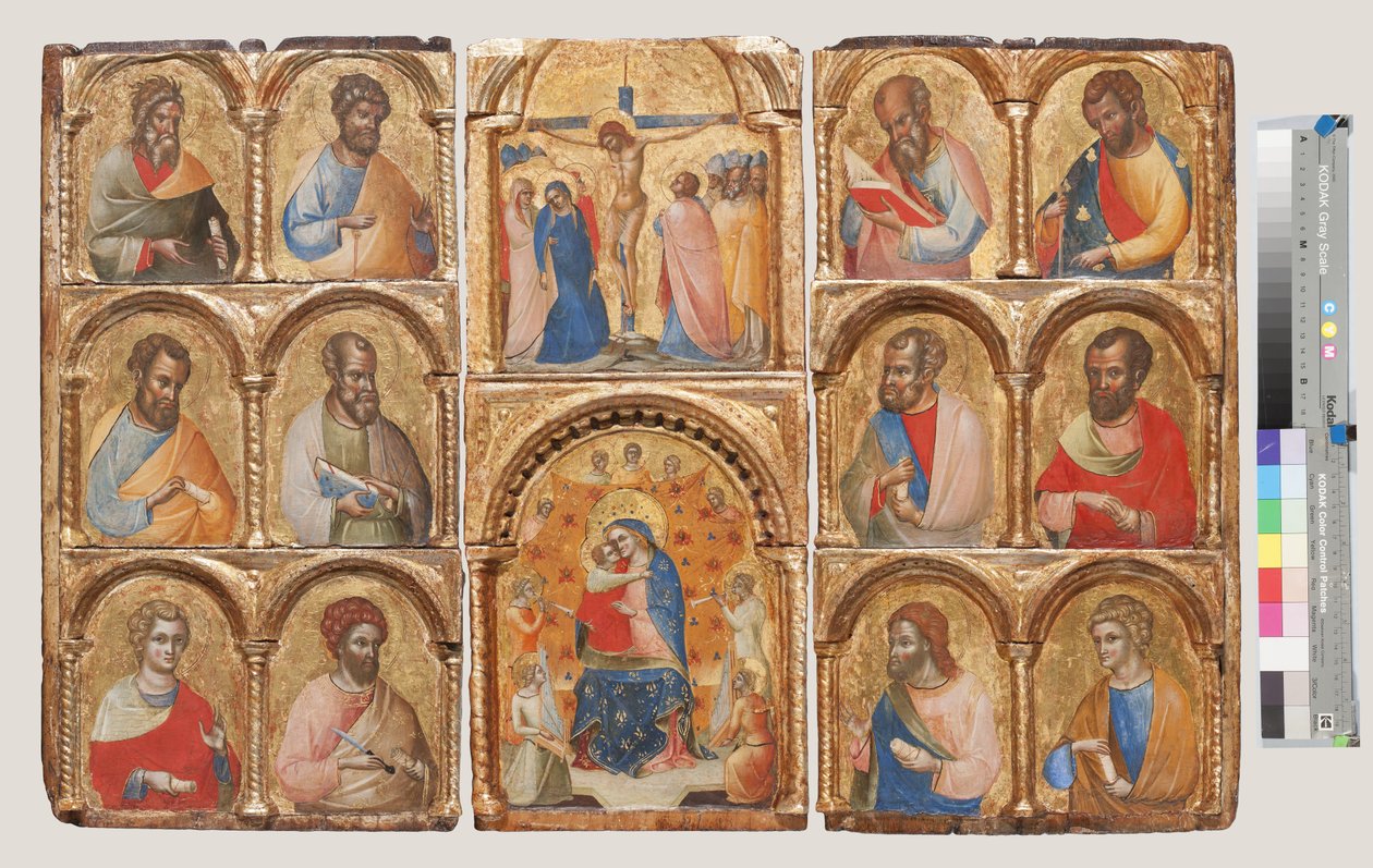 Madonna og barn med engler, korsfestelsen og tolv apostler eller hellige, tempera ca. 1360 på panel av Lorenzo Veneziano
