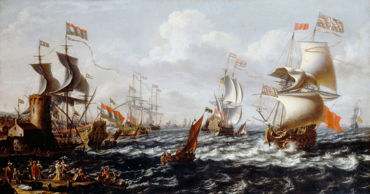 Skip i grovt vann utenfor en havn i Middelhavet av Lorenzo a Castro