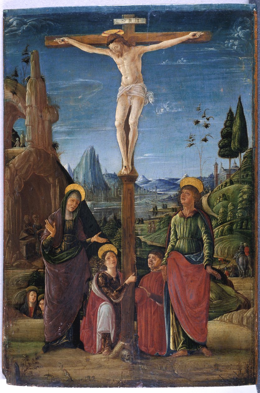 Korsfestelsen med Maria, Johannes, Maria Magdalena og en velgjører, ca. 1480 (tempera på tre) av Lorenzo attr. to Costa