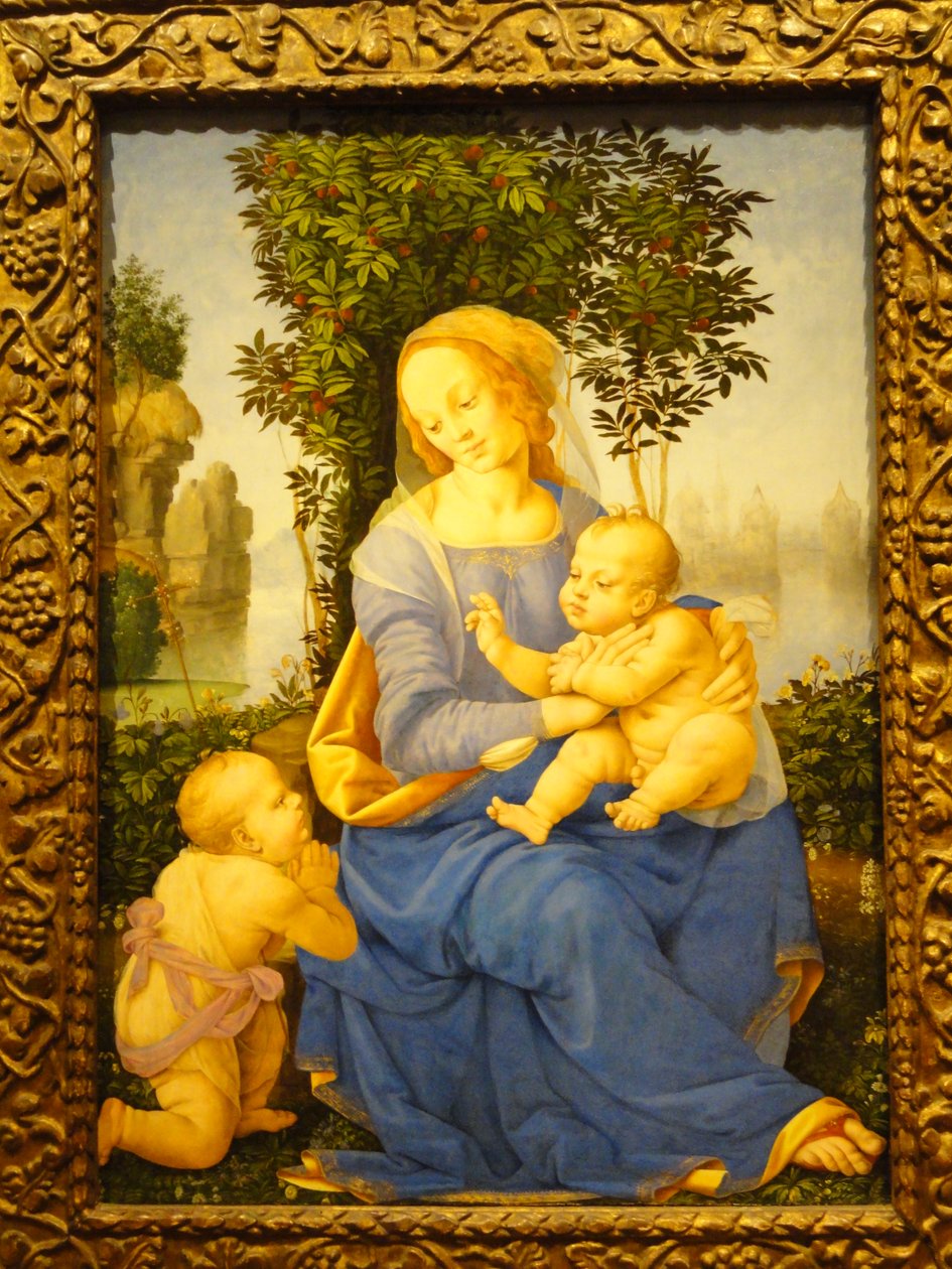 Madonna og barn med spedbarnet Johannes døperen av Lorenzo di Credi
