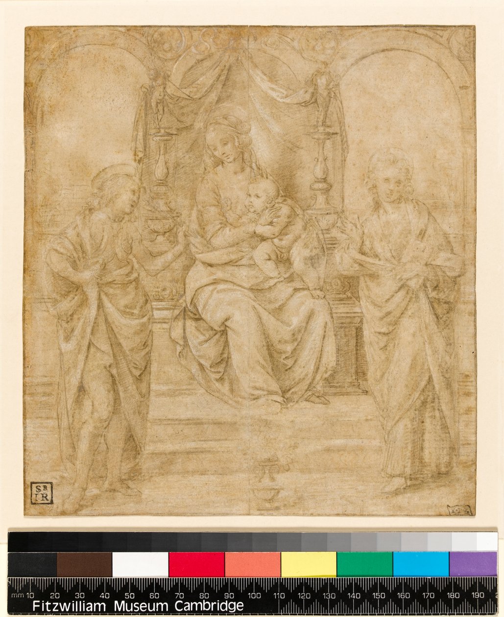 Jomfru og barn med SS. Johannes døperen og Sebastian: Studie for Dresden-altertavlen (hvitt sølvpigment på papir) av Lorenzo di Credi