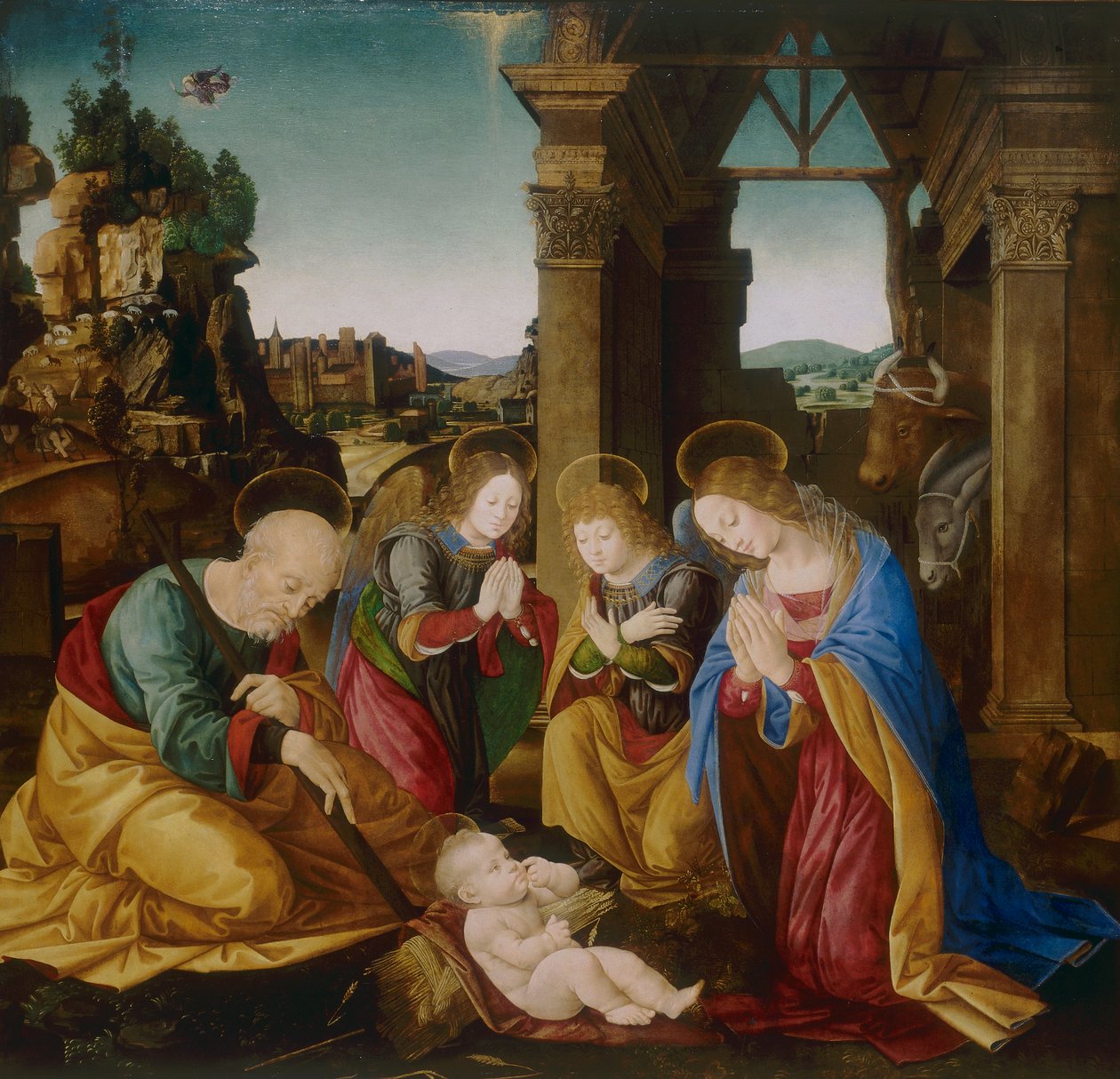 Tilbedelse av barnet av Lorenzo di school of Credi