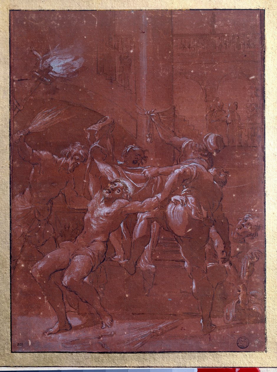 The pisking of Christ Tegning med brunt blekk og vask av Lorenzo Garbieri dit il Nepote (1580-1654) Paris. Museet Louvre av Lorenzo  Garbieri