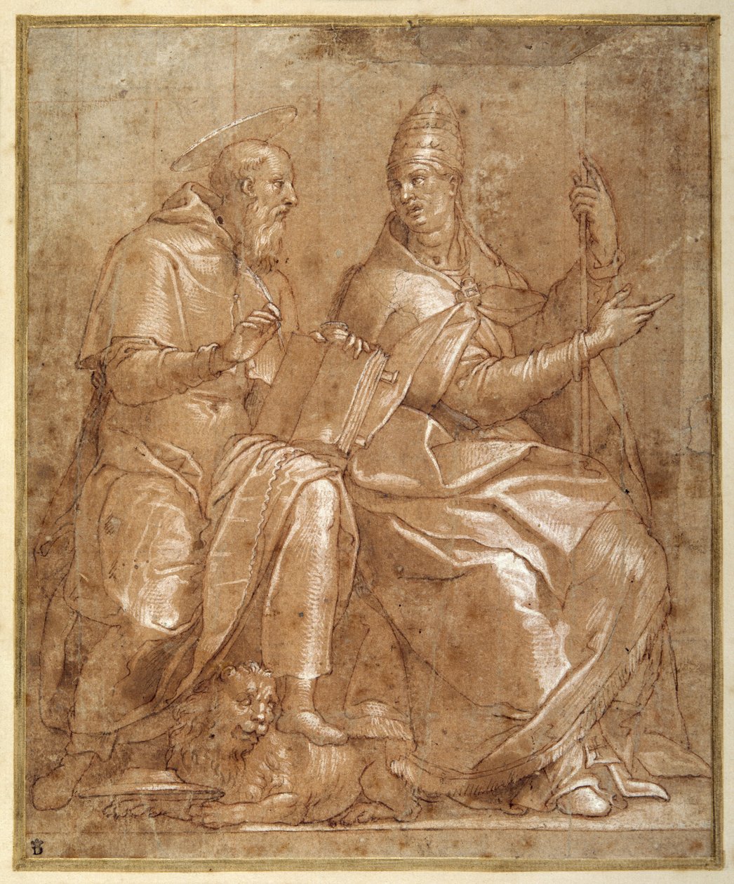 St Hieronymus i samtale med St Gregory the Great (penn og brunt blekk med rødbrun vask og forhøyning) av Lorenzo (c.1530 76) Sabatini