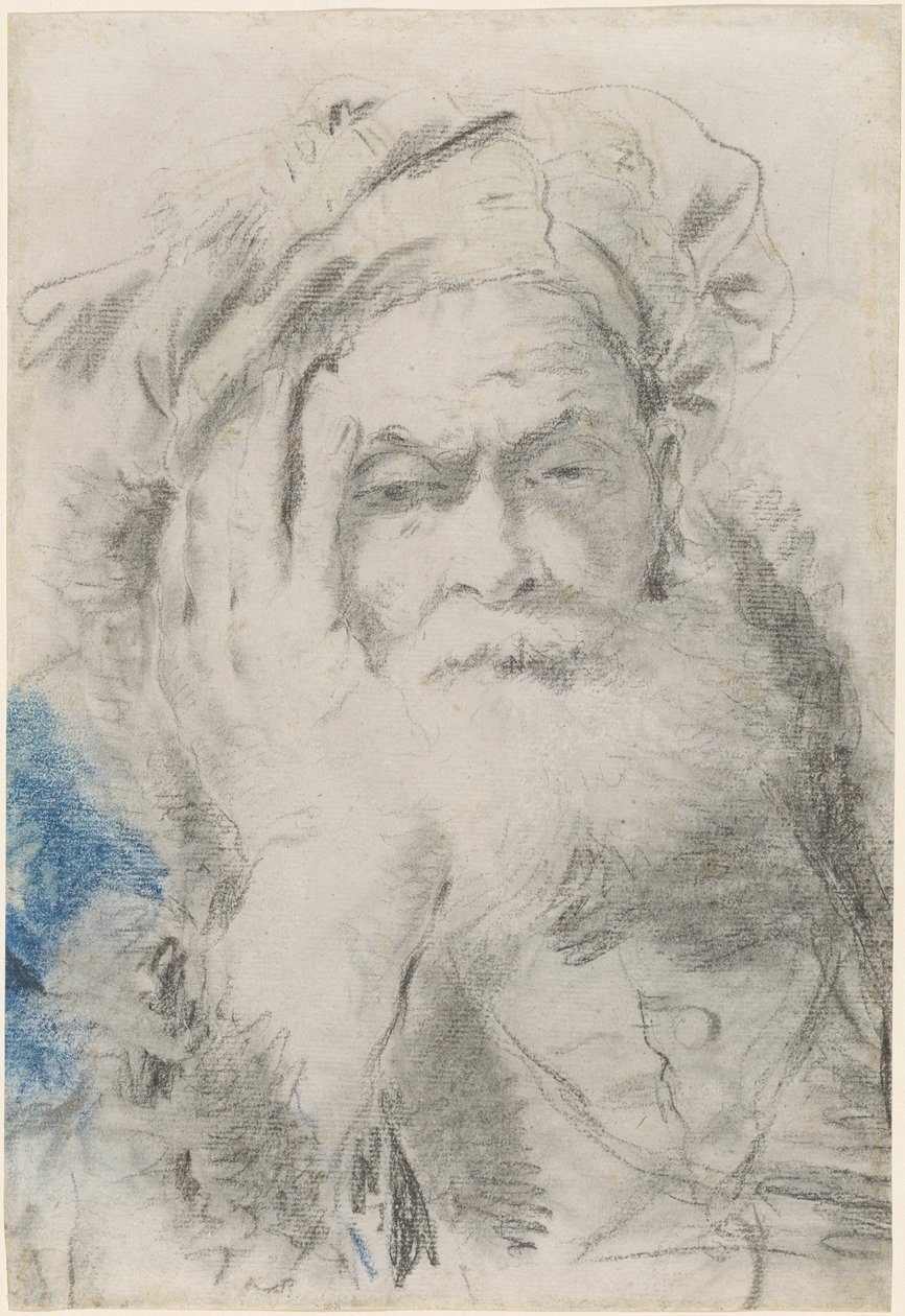 En skjeggete gammel mann lener hodet på hånden hans av Lorenzo Baldissera Tiepolo