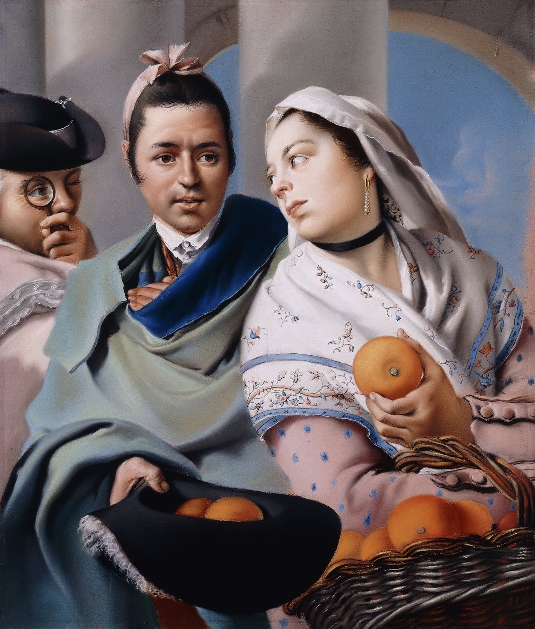 En jente i en rosa kjole og hvitt sjal som tilbyr appelsiner til en herre i en grønn kappe som holder en trehjørninghatt observert av en herre med et briller, av Lorenzo Baldissera Tiepolo